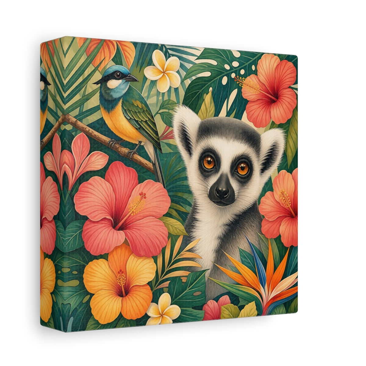 Side Mockup 2. Nature Lemur Colorful Tropical Animals shown as stretched canvas wall art