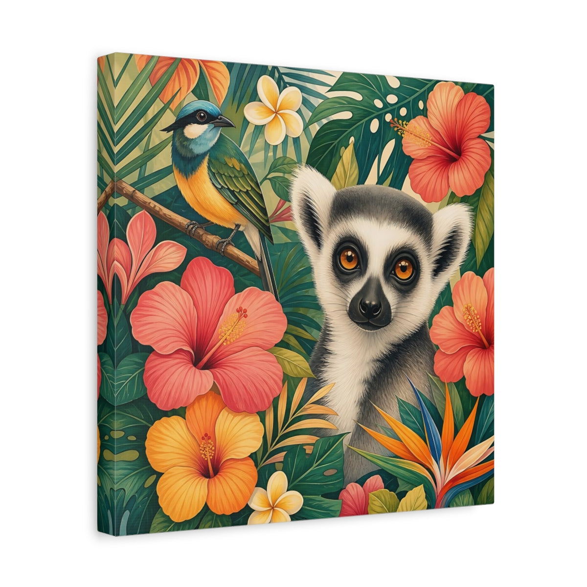 Side Mockup 7. Nature Lemur Colorful Tropical Animals shown as stretched canvas wall art