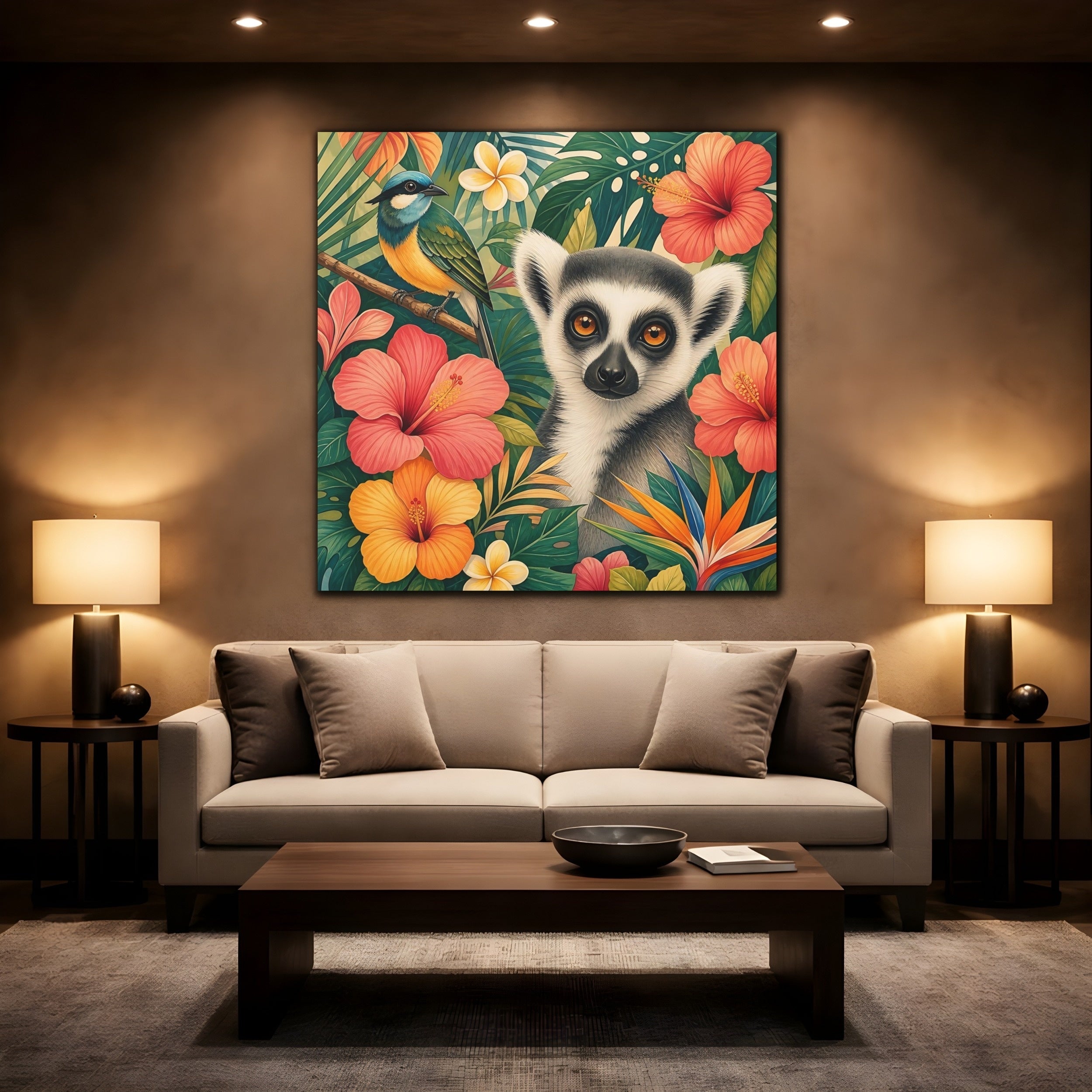 Mockup 2. Nature Lemur Colorful Tropical Animals shown as stretched canvas wall art