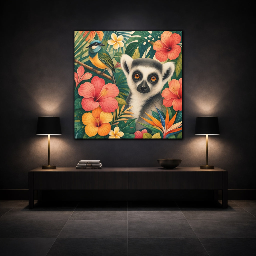 Mockup 3. Nature Lemur Colorful Tropical Animals shown as stretched canvas wall art
