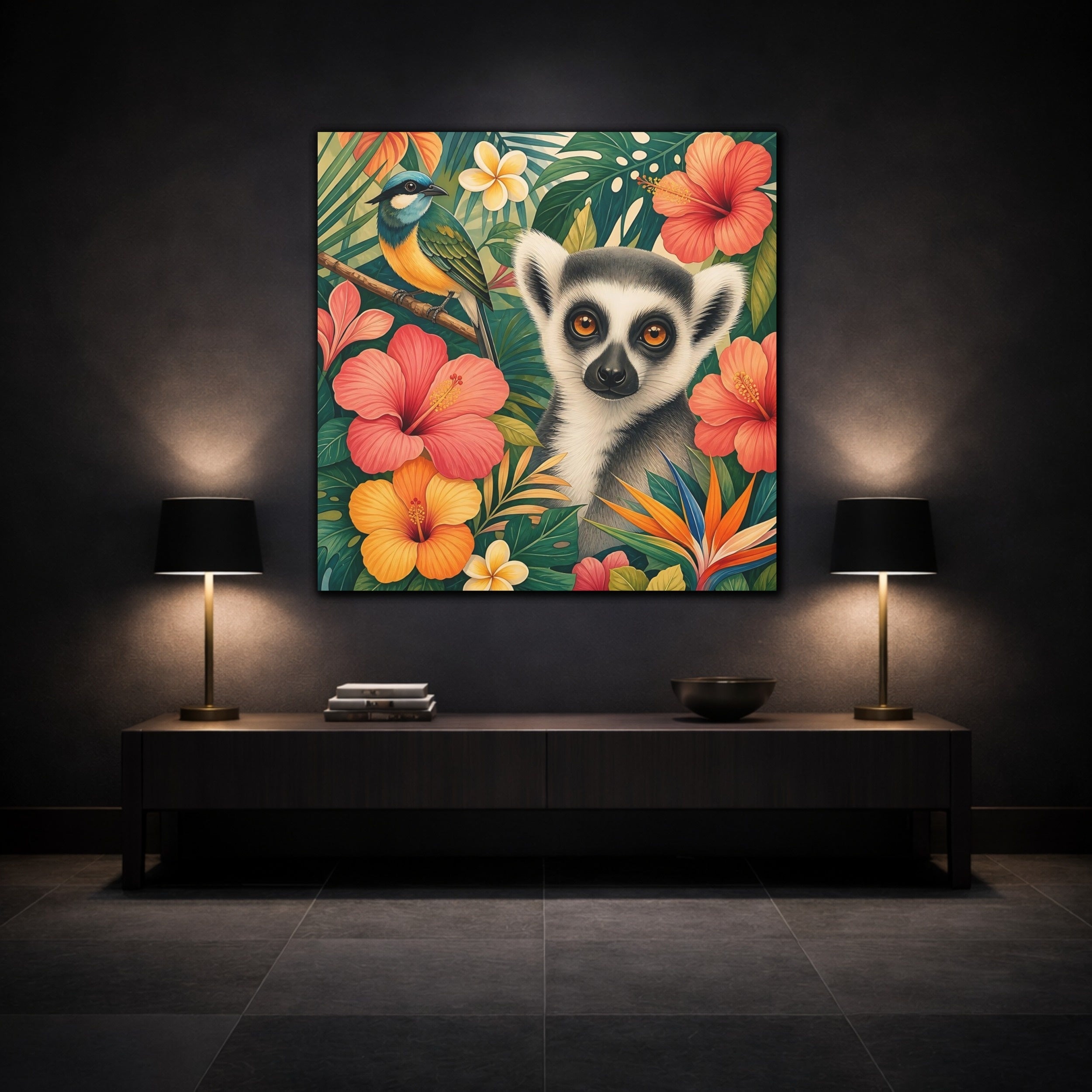 Mockup 3. Nature Lemur Colorful Tropical Animals shown as stretched canvas wall art