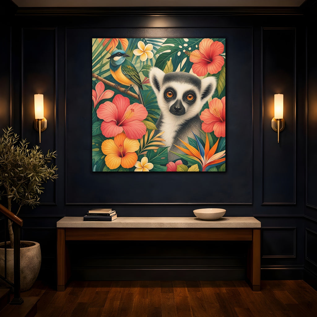 Mockup 4. Nature Lemur Colorful Tropical Animals shown as stretched canvas wall art