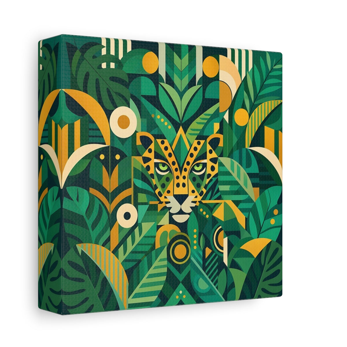 Side Mockup 2. Nature Leopard Green Leopard shown as stretched canvas wall art