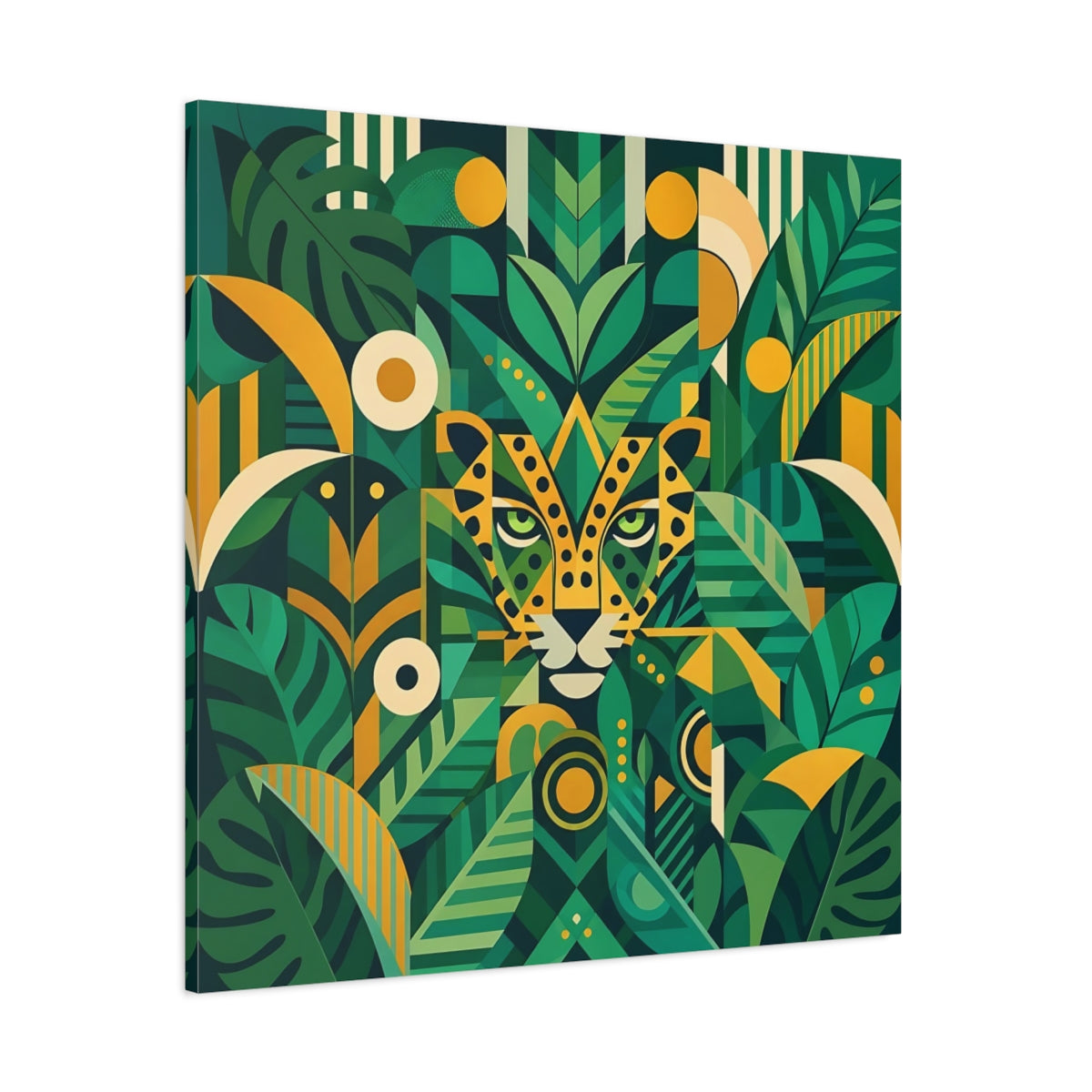 Side Mockup 1. Nature Leopard Green Leopard shown as stretched canvas wall art