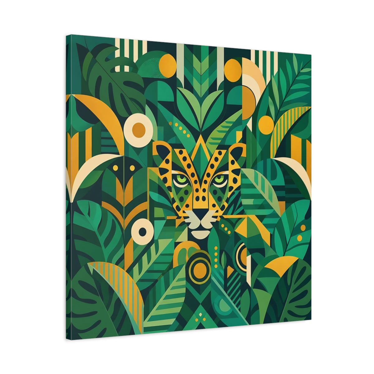 Side Mockup 3. Nature Leopard Green Leopard shown as stretched canvas wall art