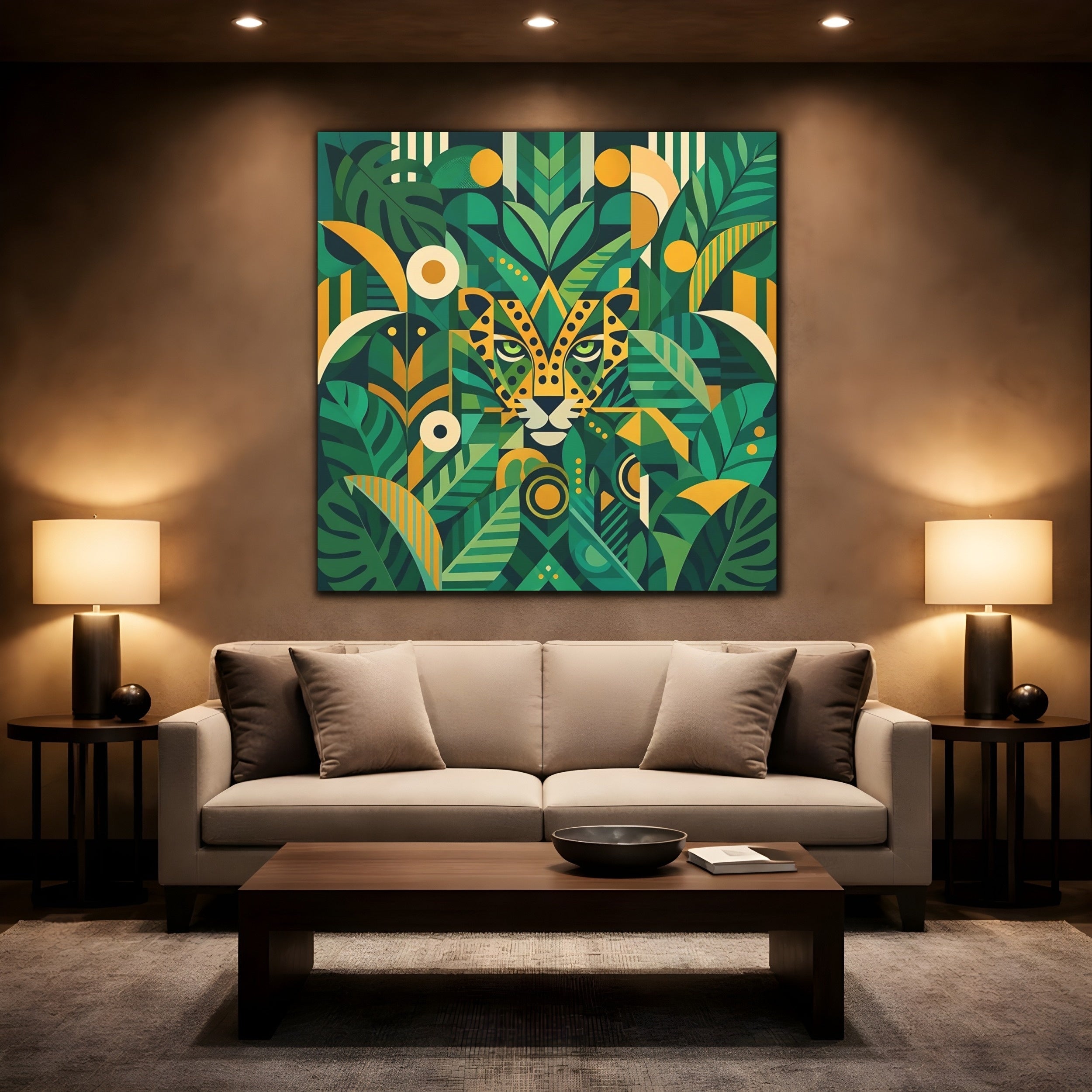 Mockup 2. Nature Leopard Green Leopard shown as stretched canvas wall art