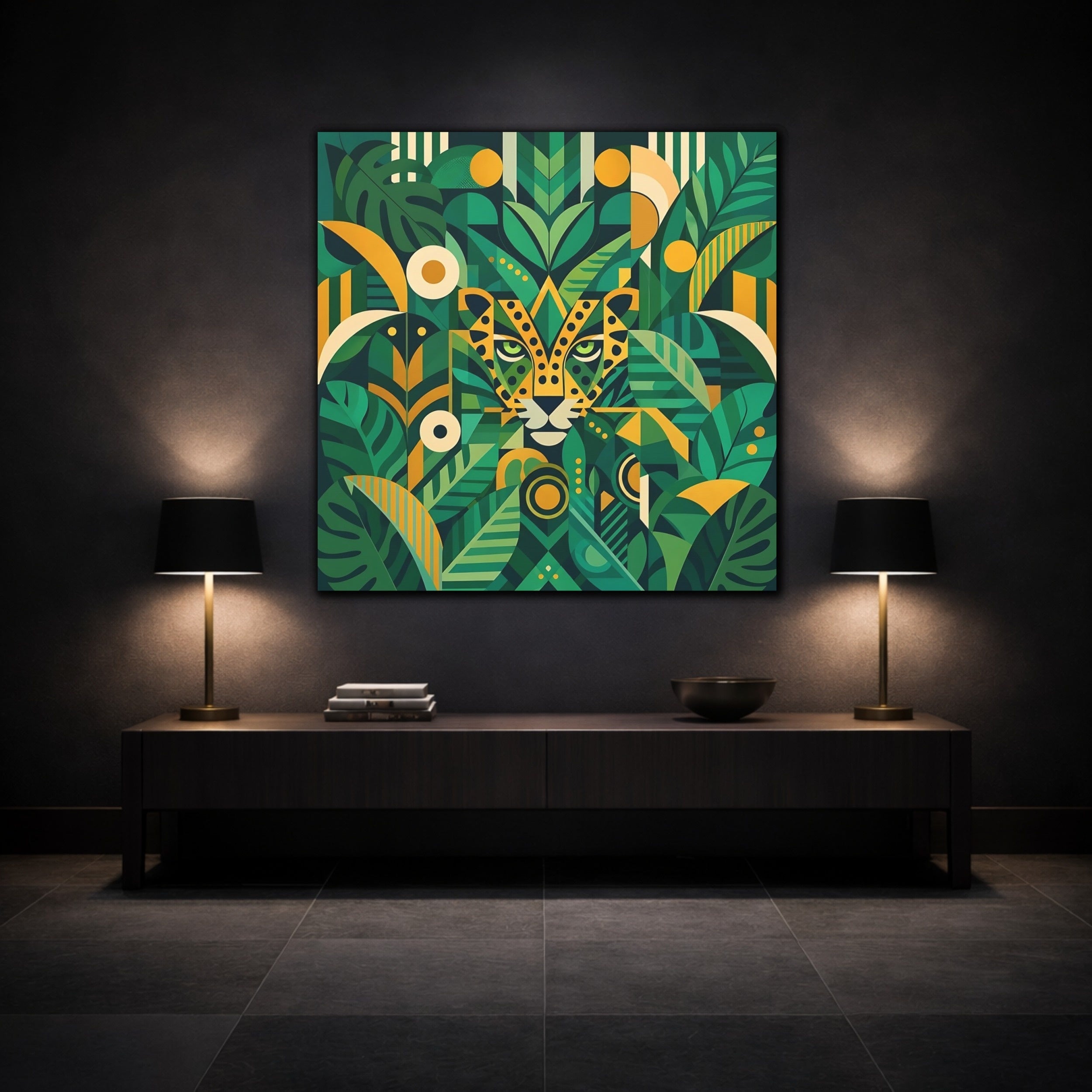 Mockup 3. Nature Leopard Green Leopard shown as stretched canvas wall art