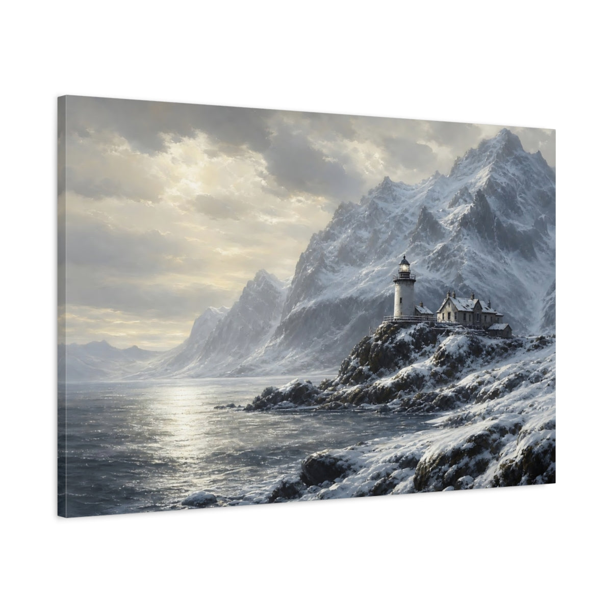 Main Mockup. Nature Lighthouse Mountains Winter Landscape shown as stretched canvas wall art