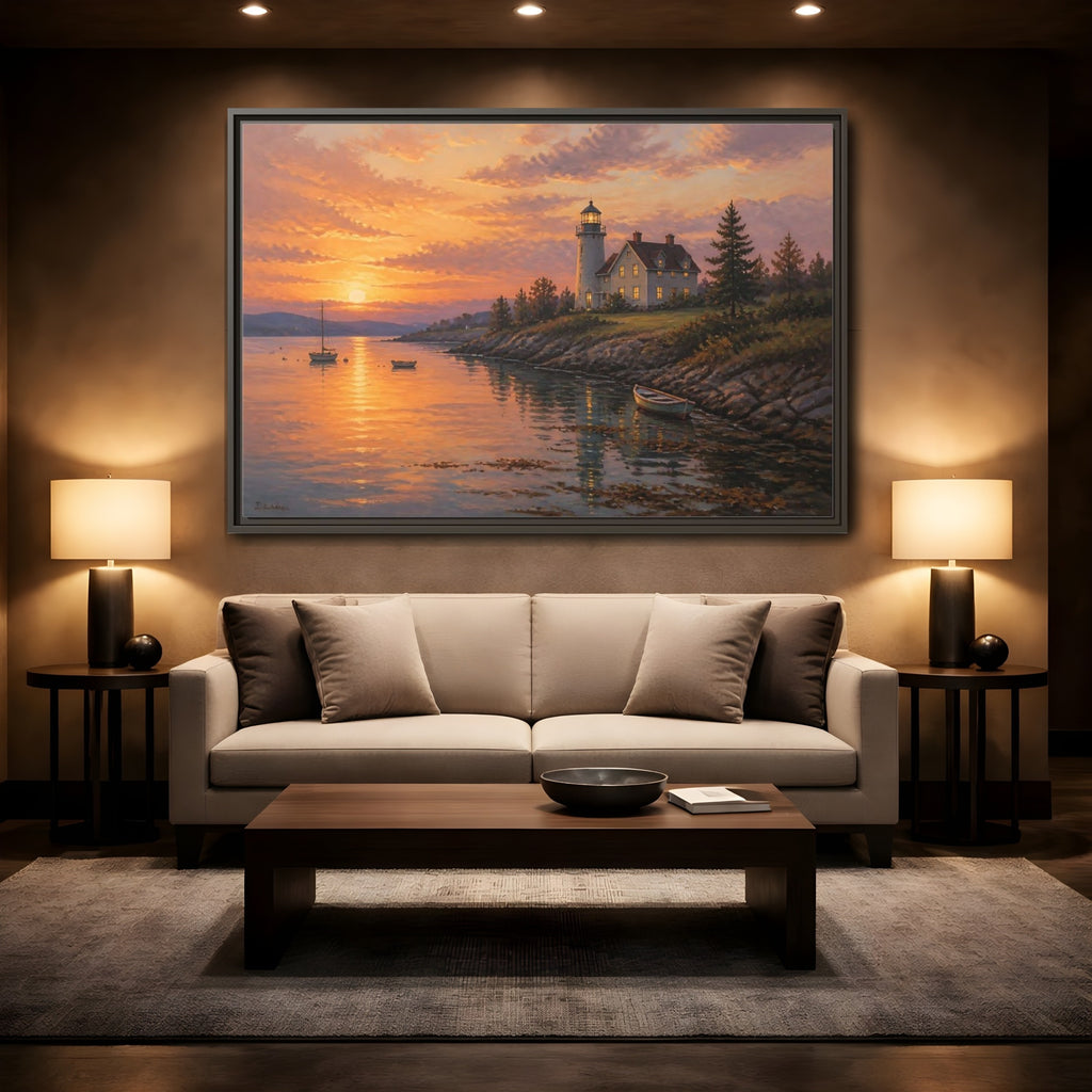 Mockup 2. Nature Lighthouse Orange Lighthouse shown as stretched canvas wall art