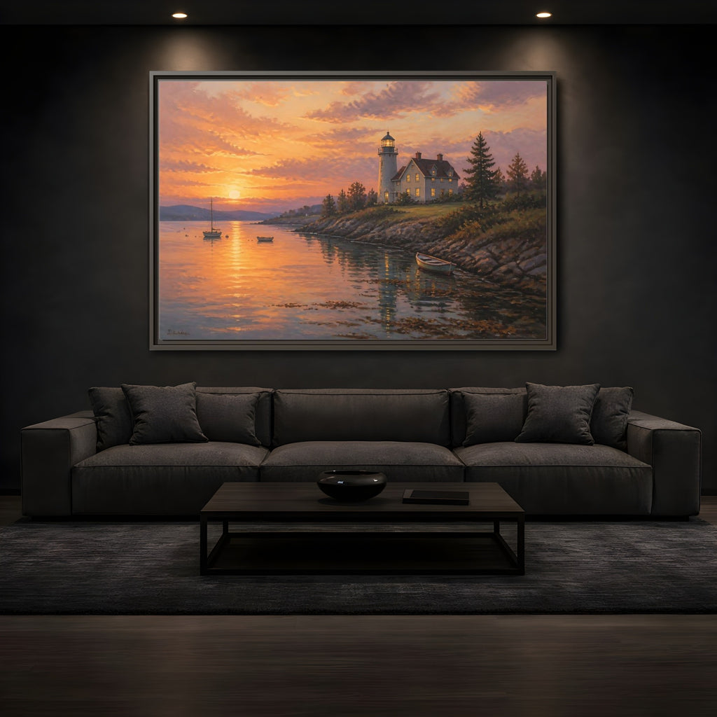 Mockup 3. Nature Lighthouse Orange Lighthouse shown as stretched canvas wall art