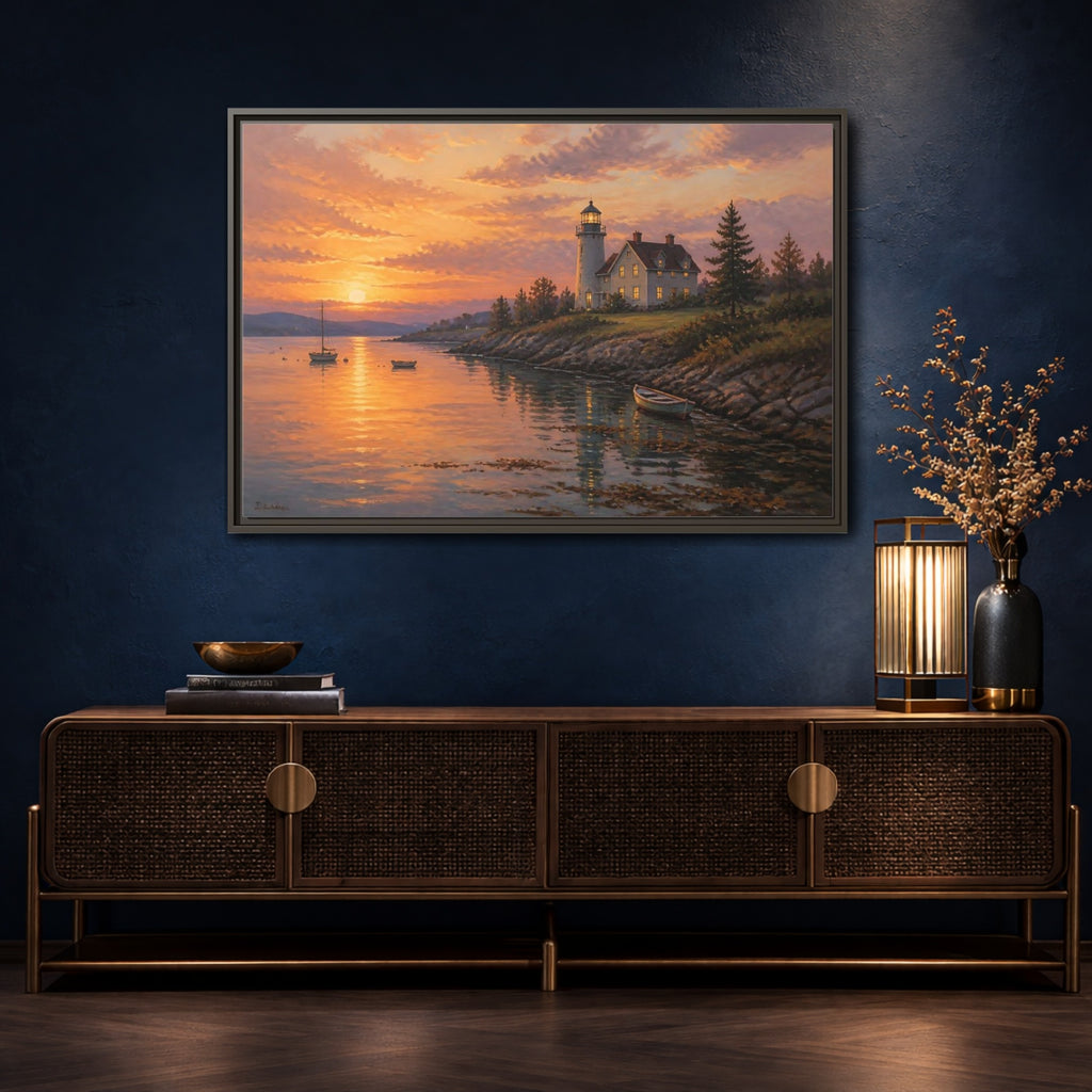 Mockup 4. Nature Lighthouse Orange Lighthouse shown as stretched canvas wall art