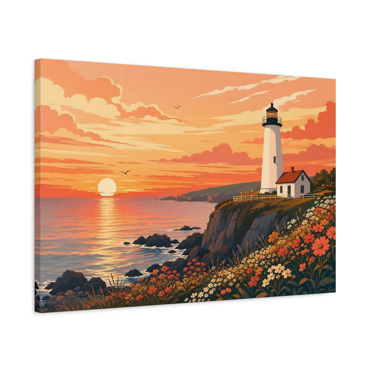 Side Mockup 2. Nature Lighthouse Orange Sunset shown as stretched canvas wall art