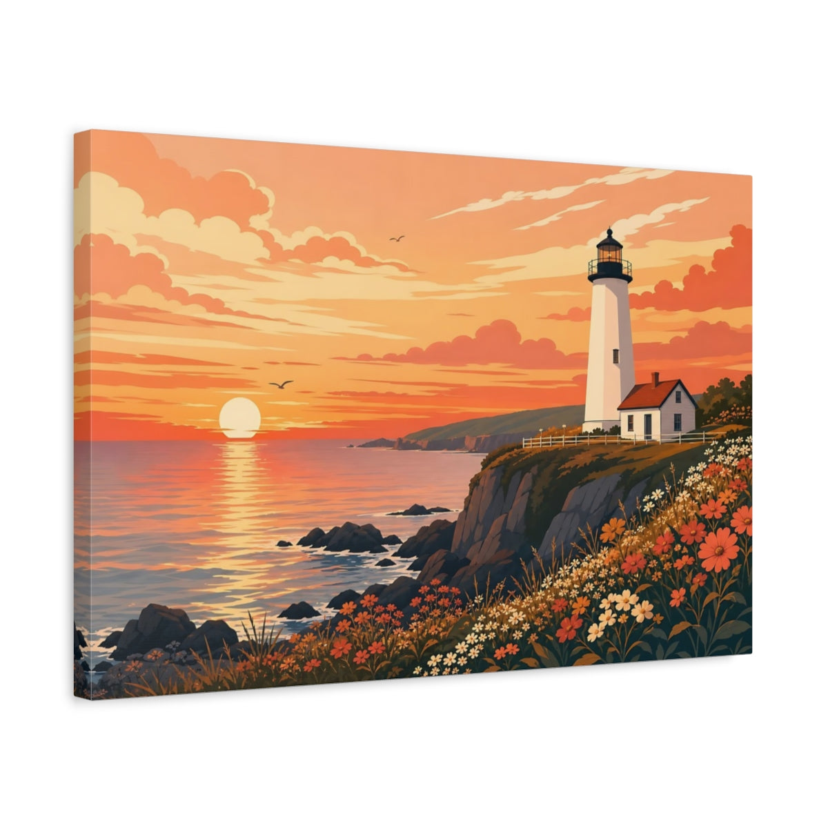 Side Mockup 3. Nature Lighthouse Orange Sunset shown as stretched canvas wall art