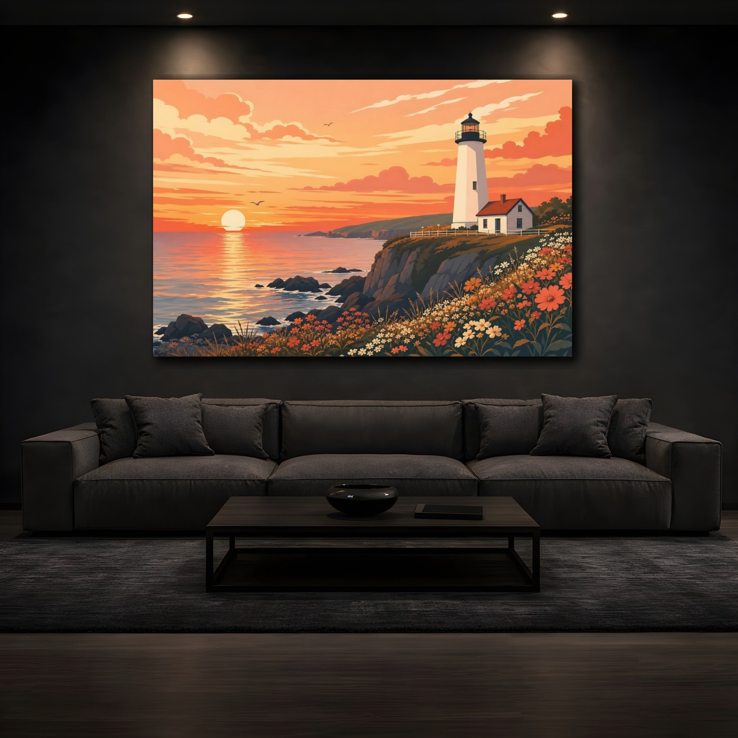Mockup 3. Nature Lighthouse Orange Sunset shown as stretched canvas wall art