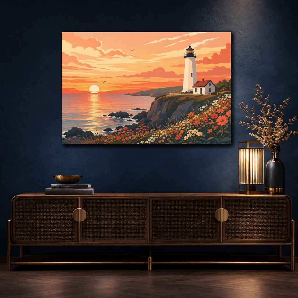 Mockup 4. Nature Lighthouse Orange Sunset shown as stretched canvas wall art