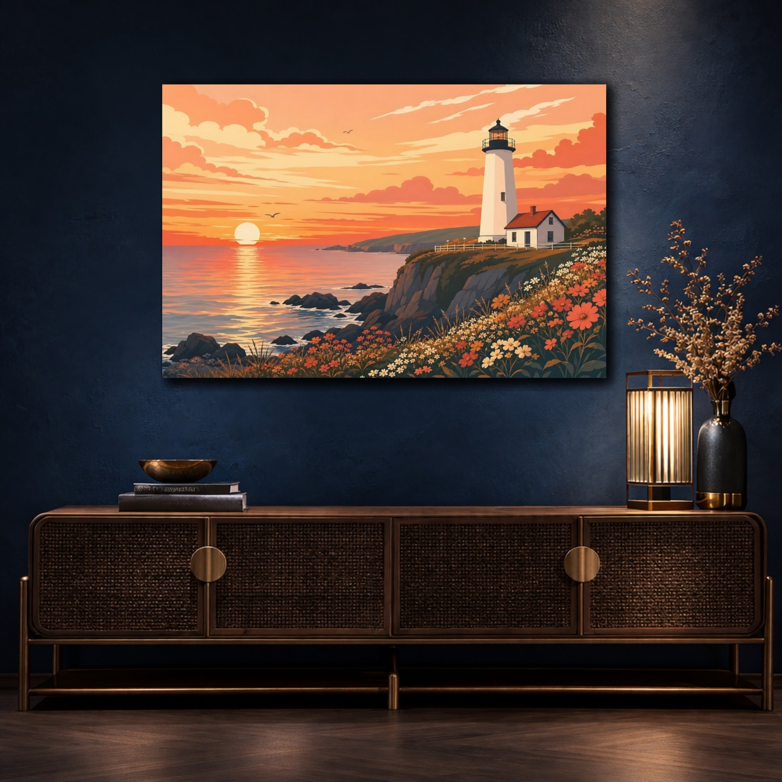 Mockup 4. Nature Lighthouse Orange Sunset shown as stretched canvas wall art