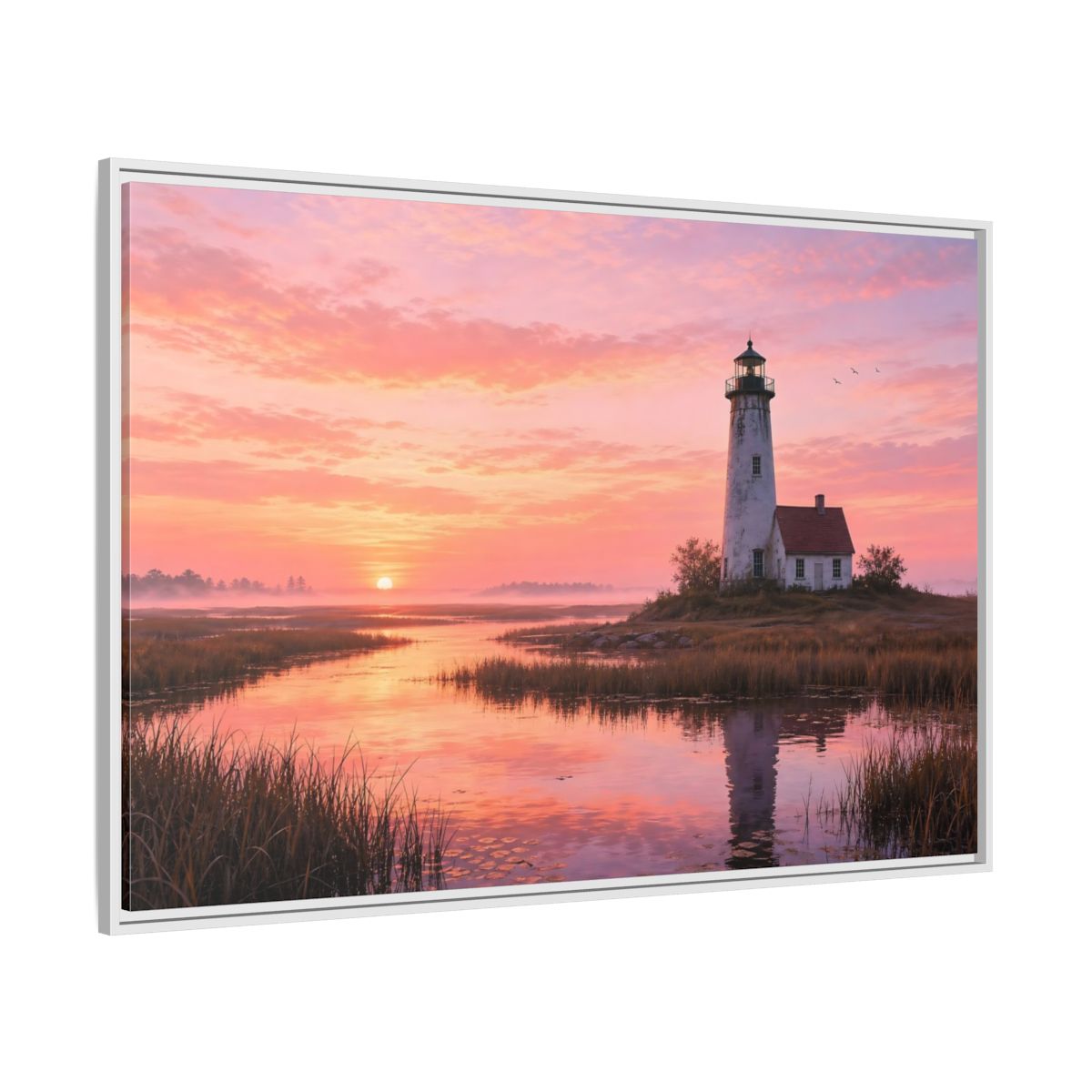 Side Mockup 7. Nature Lighthouse Pink Sunset Lighthouse shown as stretched canvas wall art