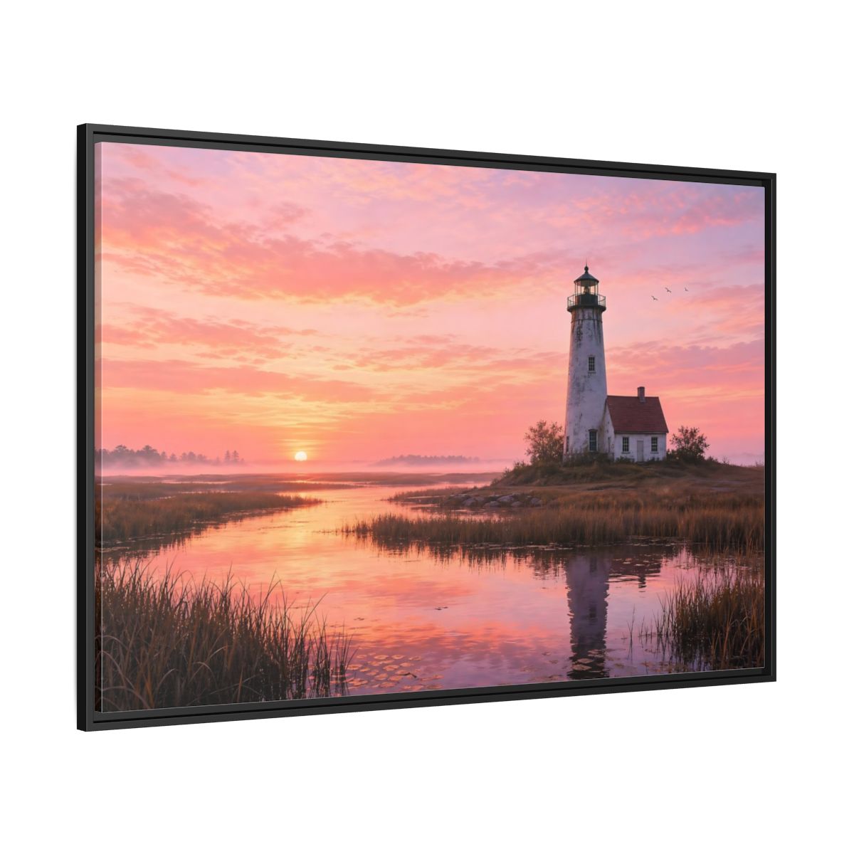 Side Mockup 12. Nature Lighthouse Pink Sunset Lighthouse shown as stretched canvas wall art