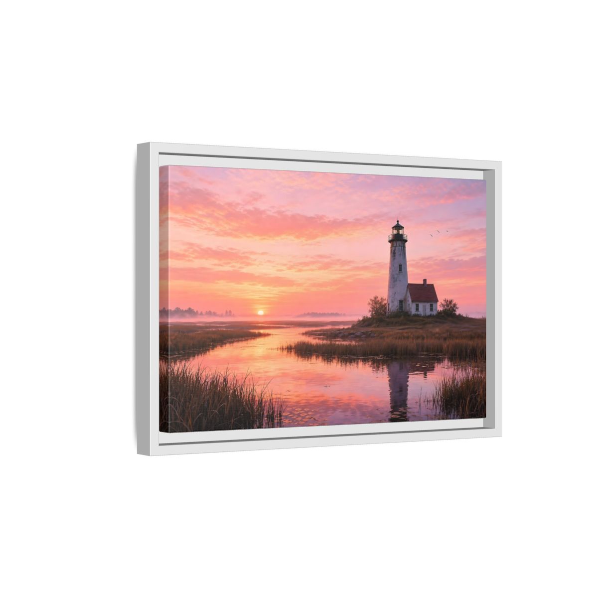 Side Mockup 4. Nature Lighthouse Pink Sunset Lighthouse shown as stretched canvas wall art