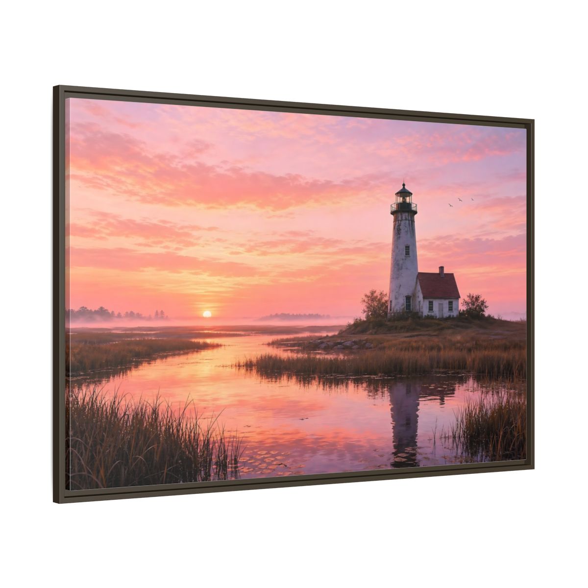 Side Mockup 8. Nature Lighthouse Pink Sunset Lighthouse shown as stretched canvas wall art