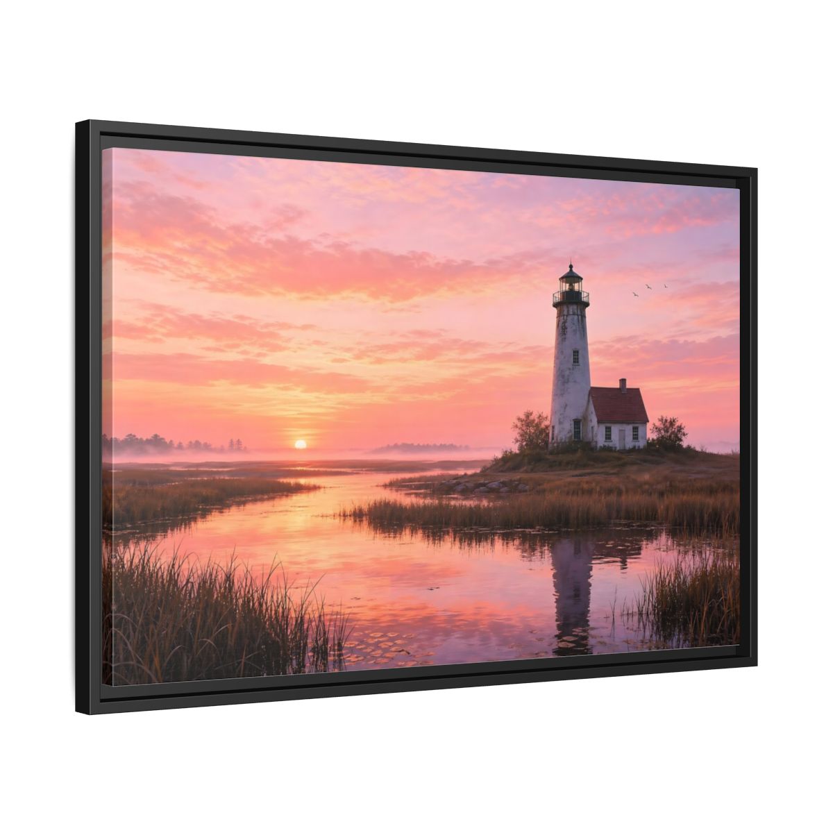 Side Mockup 14. Nature Lighthouse Pink Sunset Lighthouse shown as stretched canvas wall art