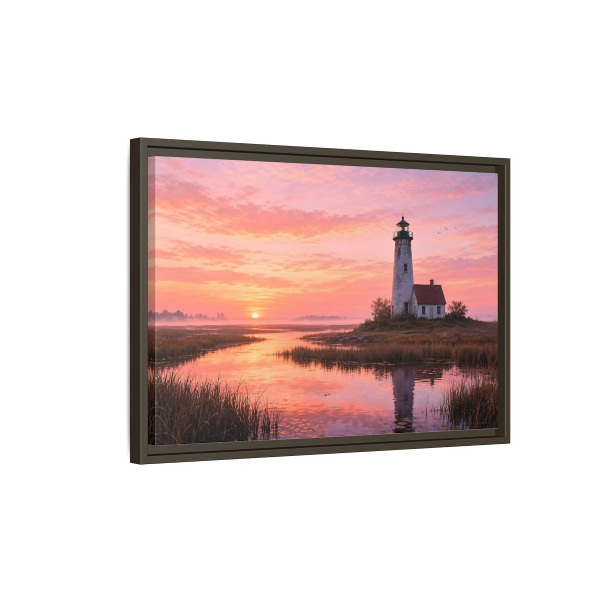Side Mockup 2. Nature Lighthouse Pink Sunset Lighthouse shown as stretched canvas wall art