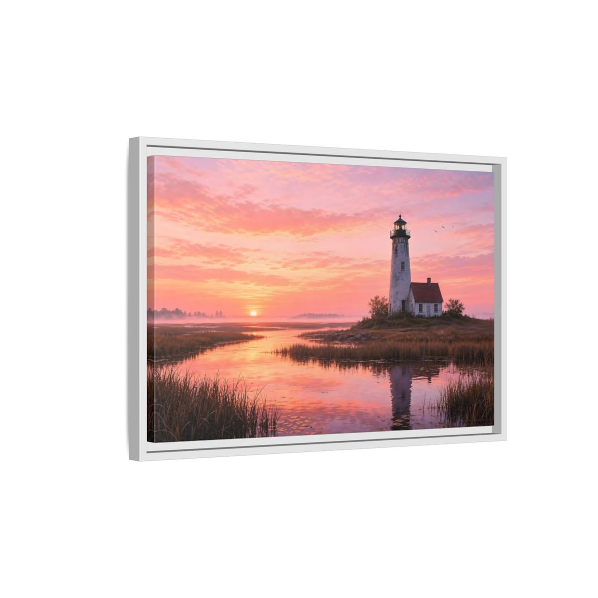 Side Mockup 1. Nature Lighthouse Pink Sunset Lighthouse shown as stretched canvas wall art