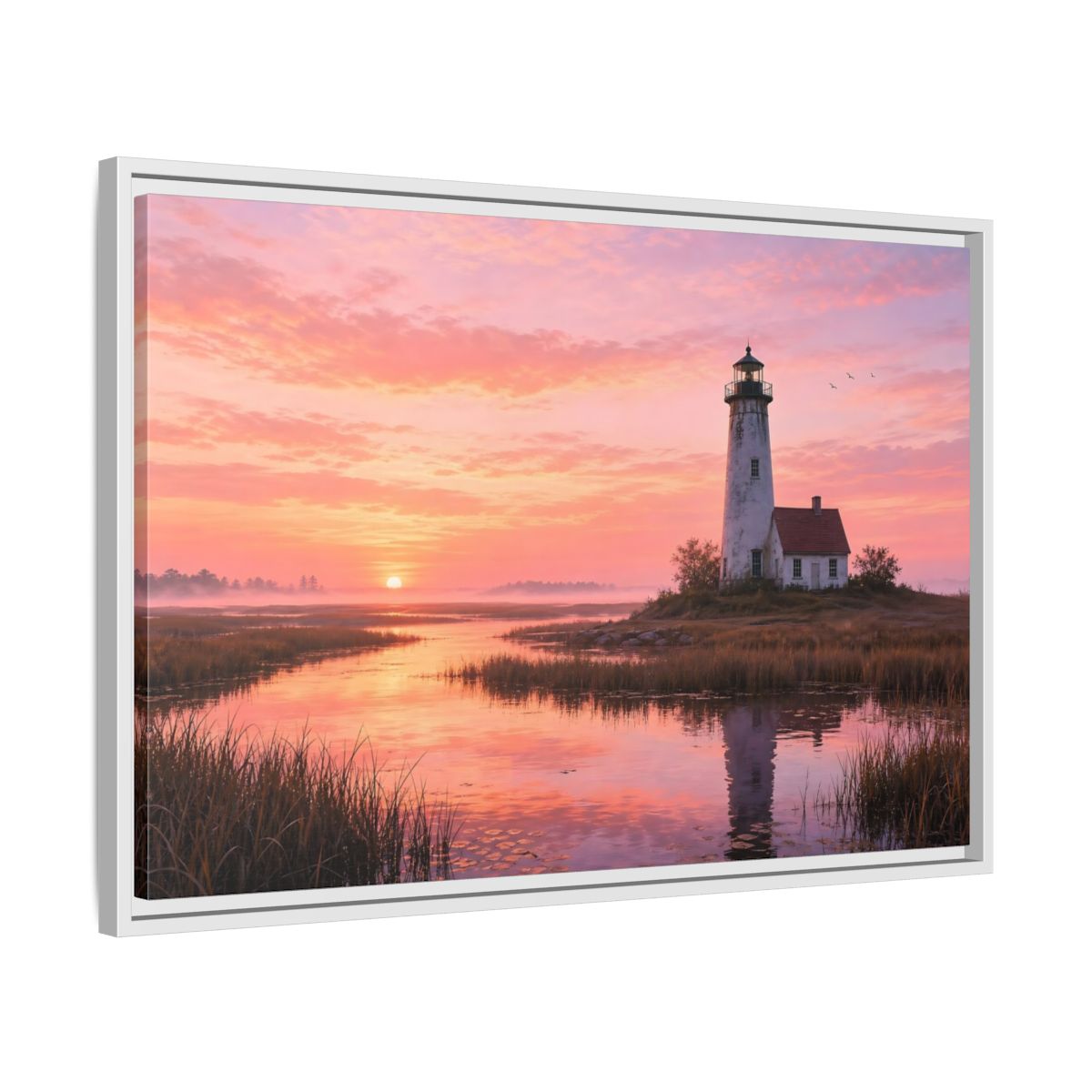 Side Mockup 10. Nature Lighthouse Pink Sunset Lighthouse shown as stretched canvas wall art