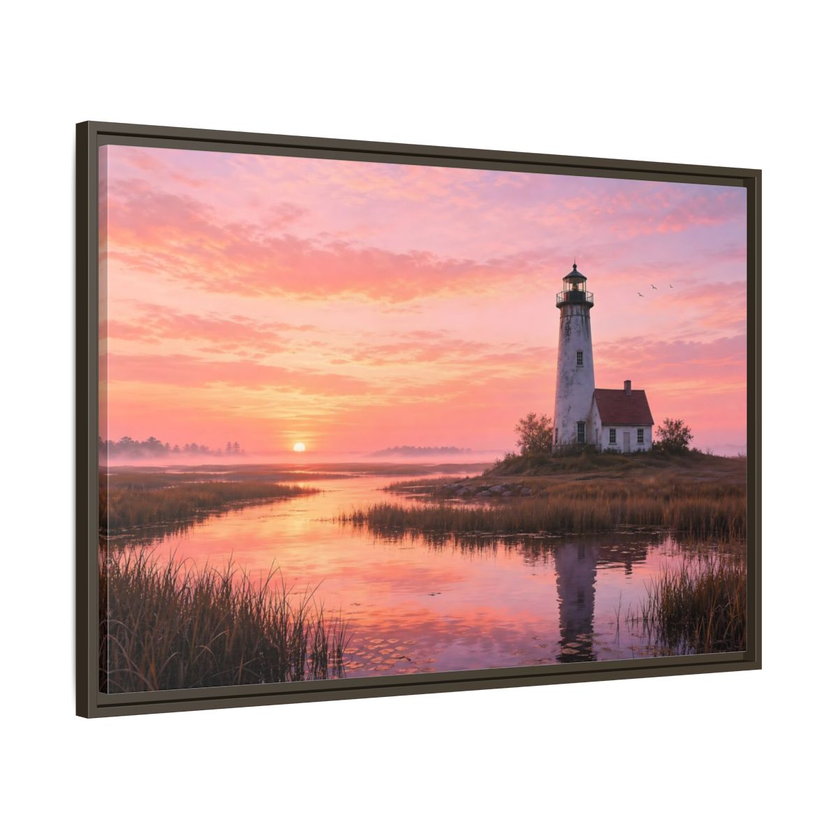 Main Mockup. Nature Lighthouse Pink Sunset Lighthouse shown as stretched canvas wall art