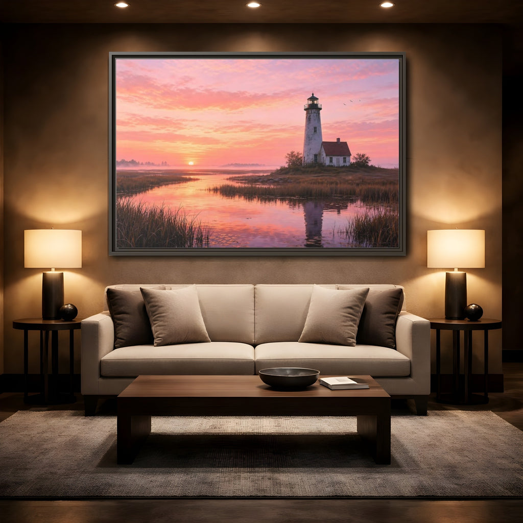 Mockup 2. Nature Lighthouse Pink Sunset Lighthouse shown as stretched canvas wall art