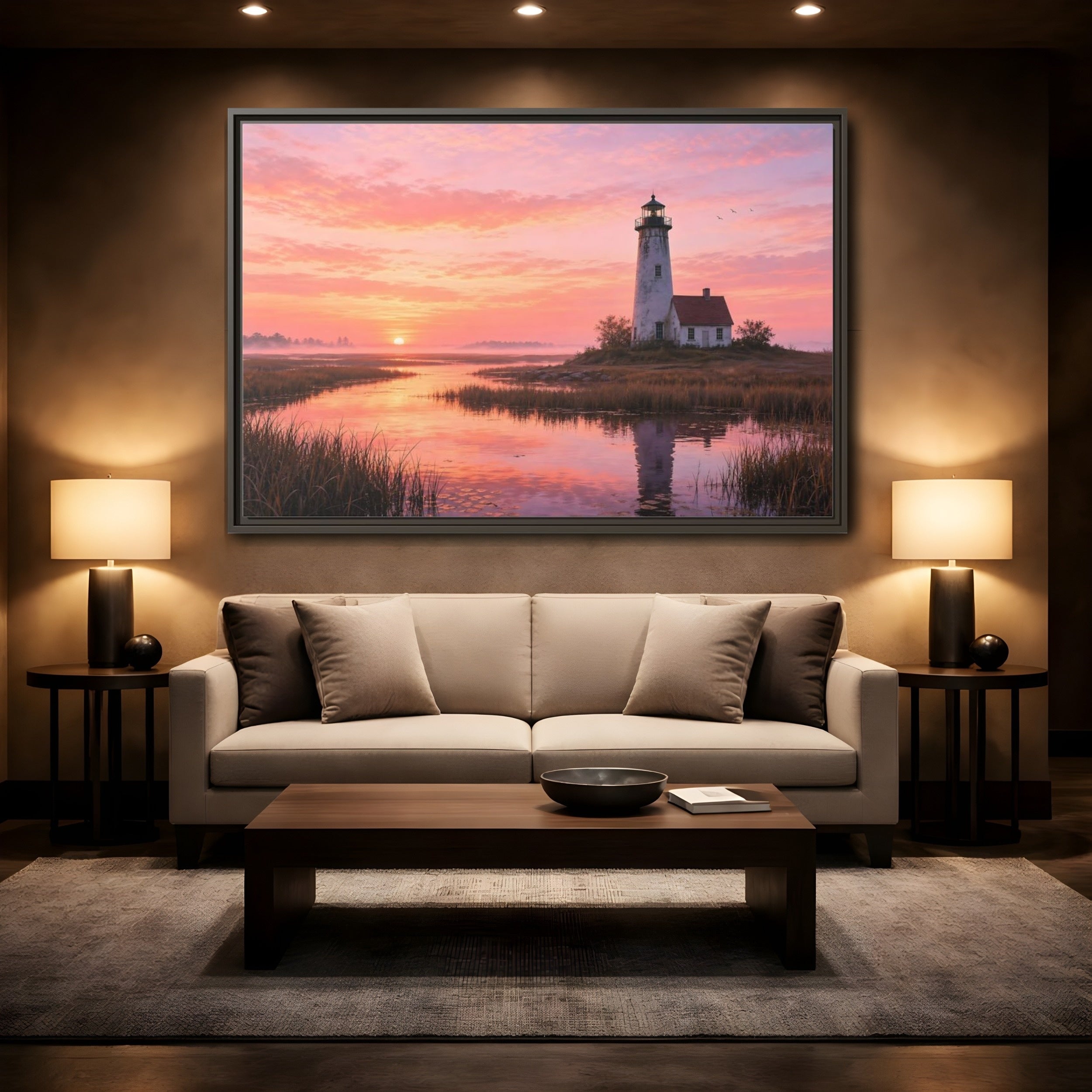 Mockup 2. Nature Lighthouse Pink Sunset Lighthouse shown as stretched canvas wall art