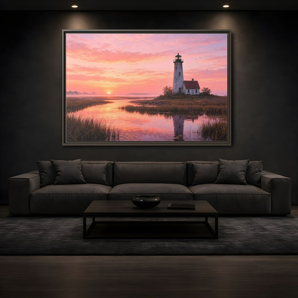 Mockup 3. Nature Lighthouse Pink Sunset Lighthouse shown as stretched canvas wall art