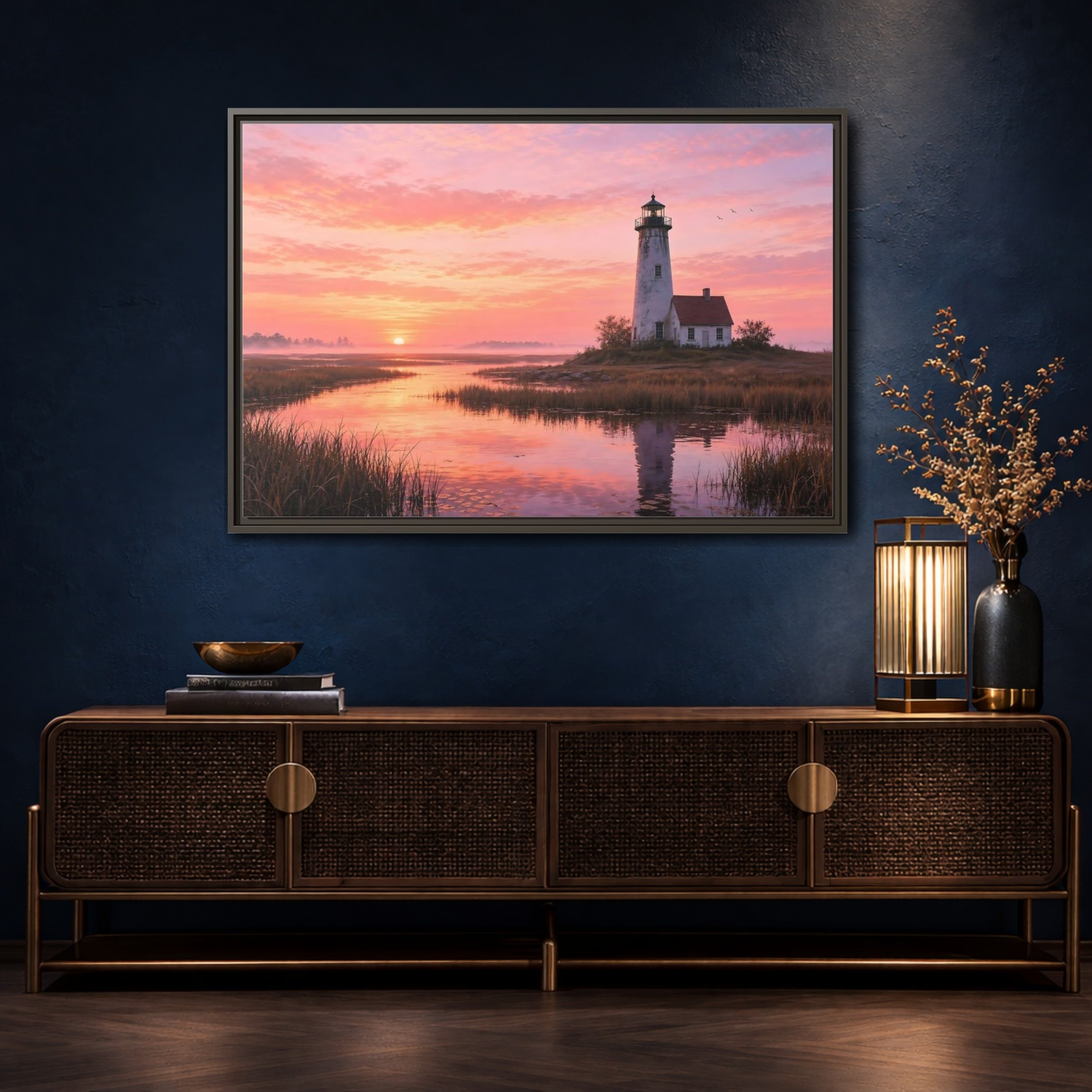 Mockup 4. Nature Lighthouse Pink Sunset Lighthouse shown as stretched canvas wall art