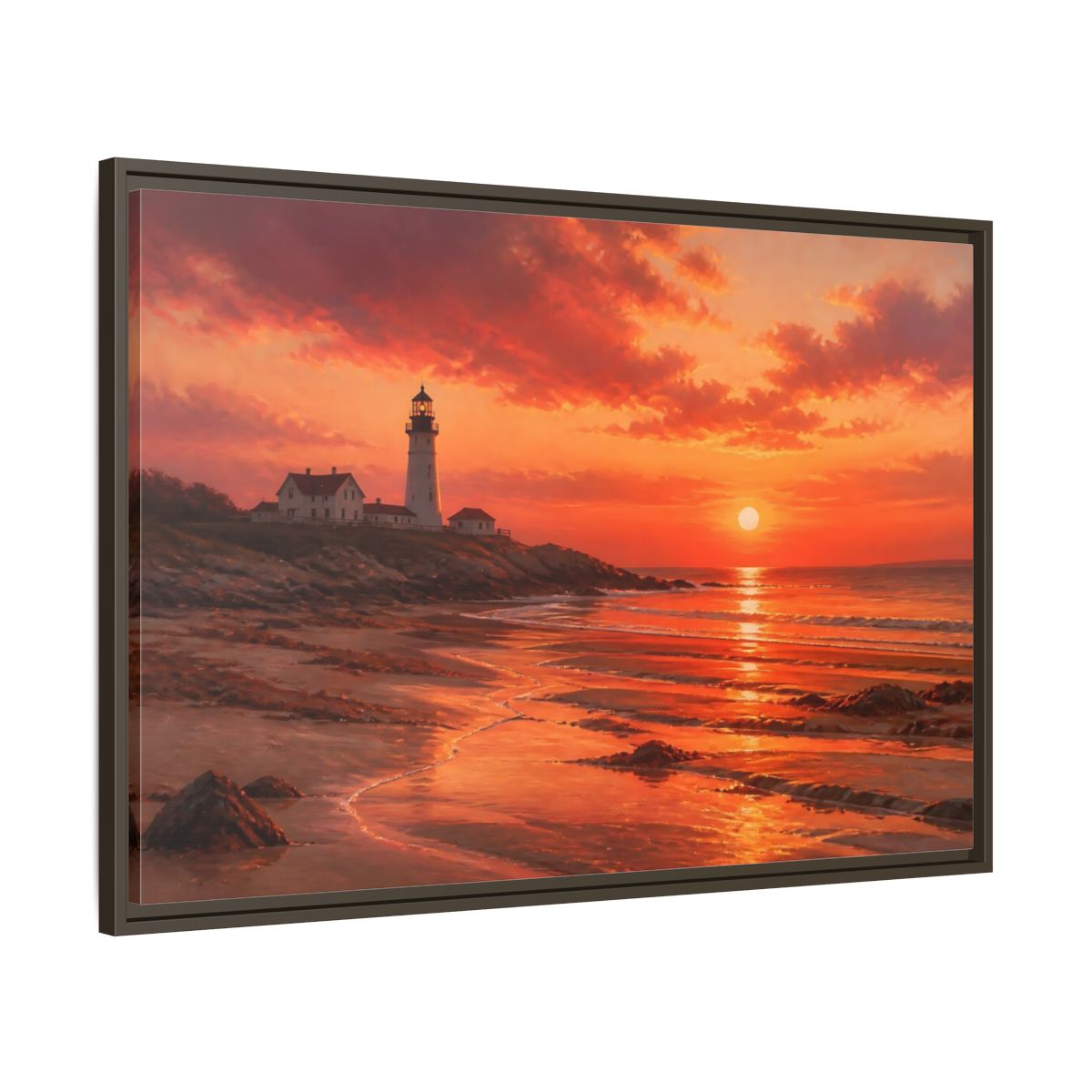 Main Mockup. Nature Lighthouse Sunset Lighthouse Sunset Orange shown as stretched canvas wall art