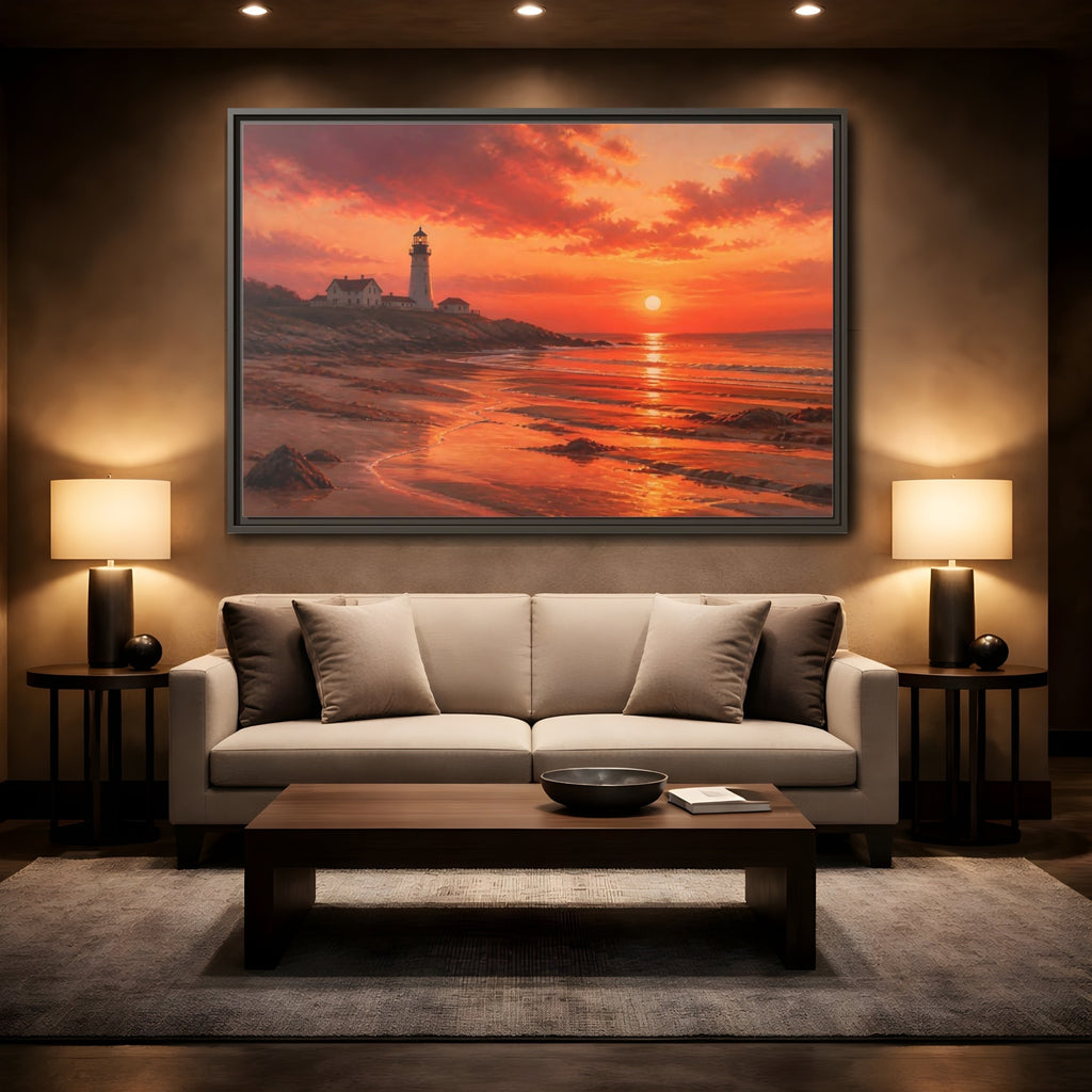 Mockup 2. Nature Lighthouse Sunset Lighthouse Sunset Orange shown as stretched canvas wall art