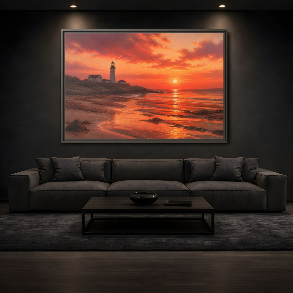 Mockup 3. Nature Lighthouse Sunset Lighthouse Sunset Orange shown as stretched canvas wall art