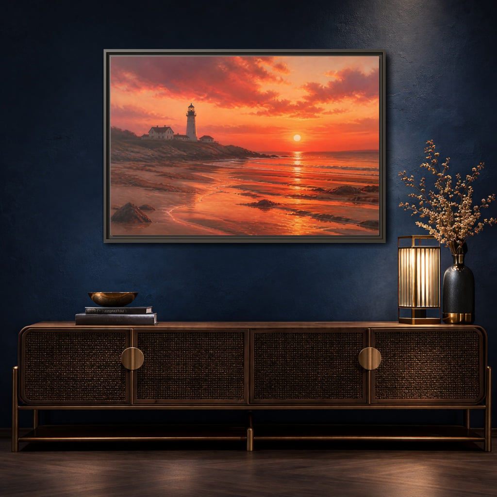 Mockup 4. Nature Lighthouse Sunset Lighthouse Sunset Orange shown as stretched canvas wall art