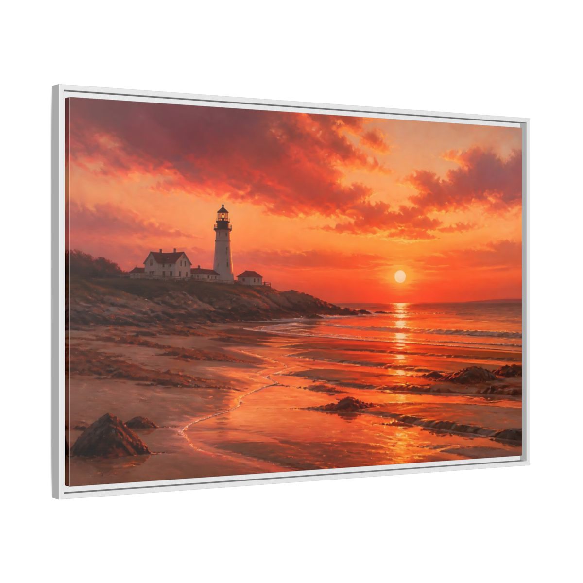 Side Mockup 7. Nature Lighthouse Sunset Lighthouse Sunset Orange shown as stretched canvas wall art
