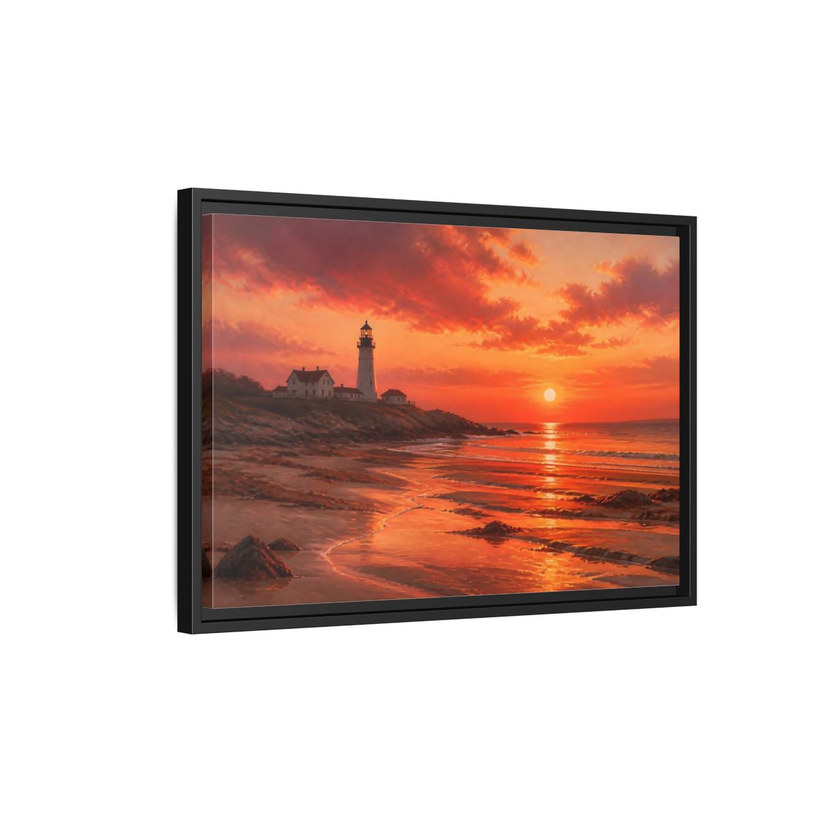Side Mockup 3. Nature Lighthouse Sunset Lighthouse Sunset Orange shown as stretched canvas wall art