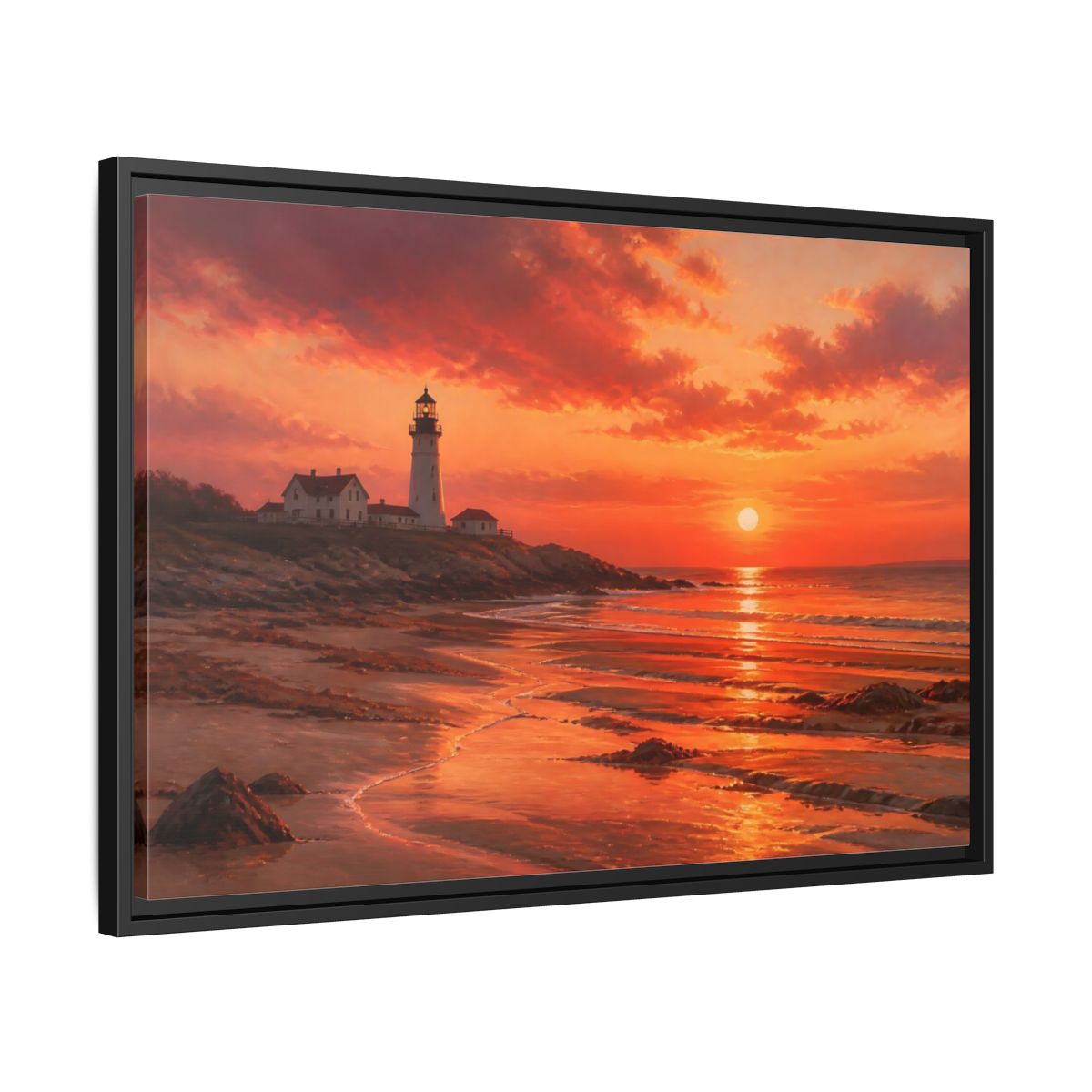 Side Mockup 14. Nature Lighthouse Sunset Lighthouse Sunset Orange shown as stretched canvas wall art