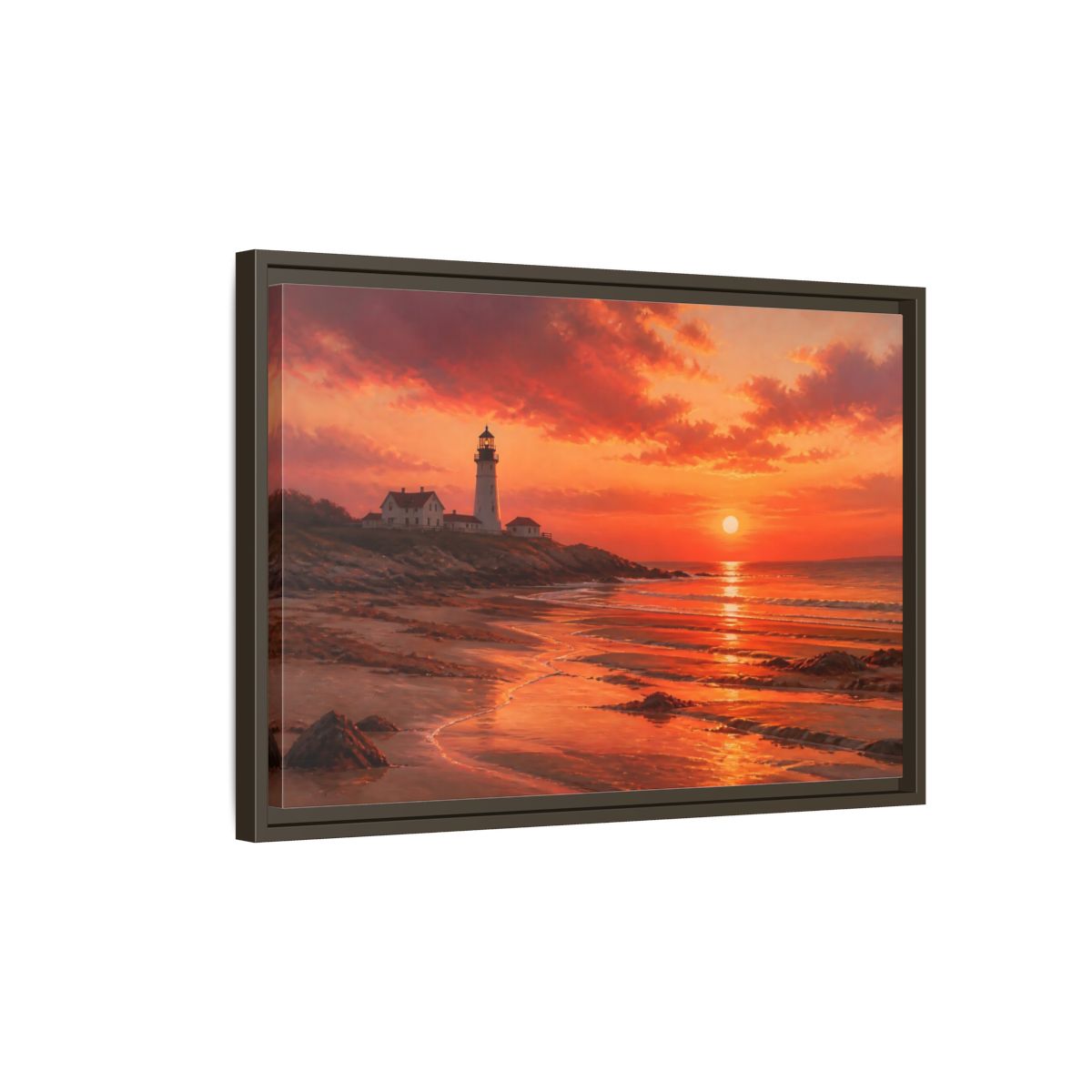 Side Mockup 2. Nature Lighthouse Sunset Lighthouse Sunset Orange shown as stretched canvas wall art