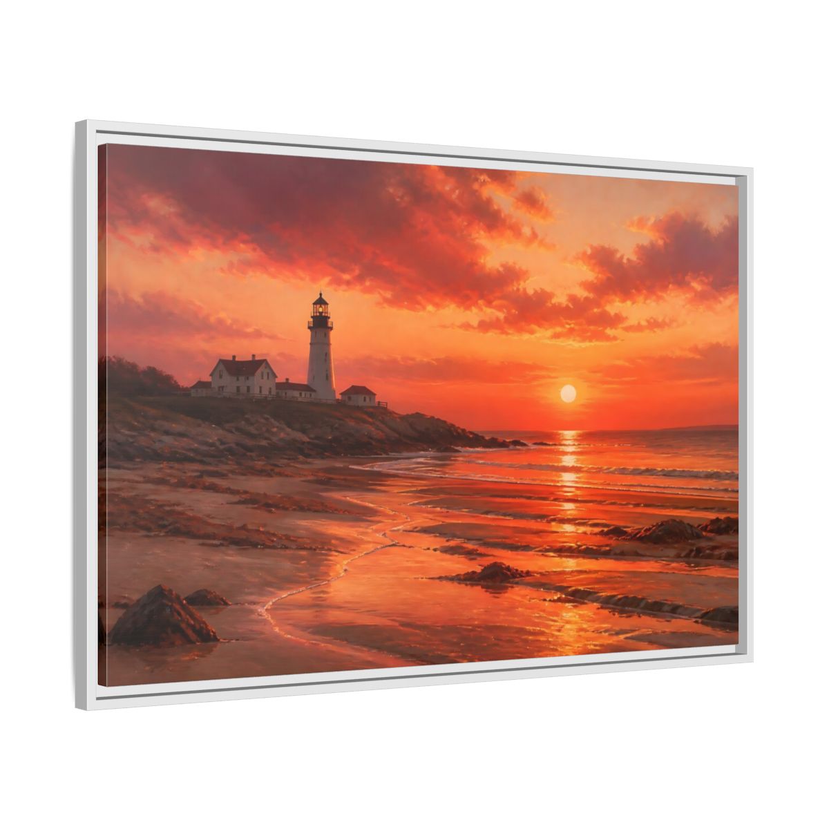 Side Mockup 9. Nature Lighthouse Sunset Lighthouse Sunset Orange shown as stretched canvas wall art