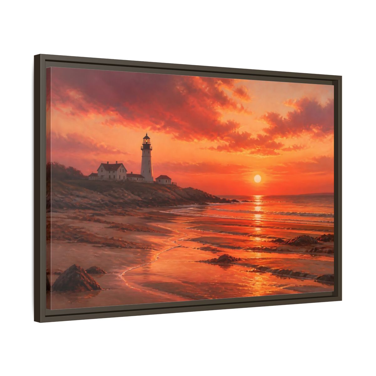 Side Mockup 11. Nature Lighthouse Sunset Lighthouse Sunset Orange shown as stretched canvas wall art