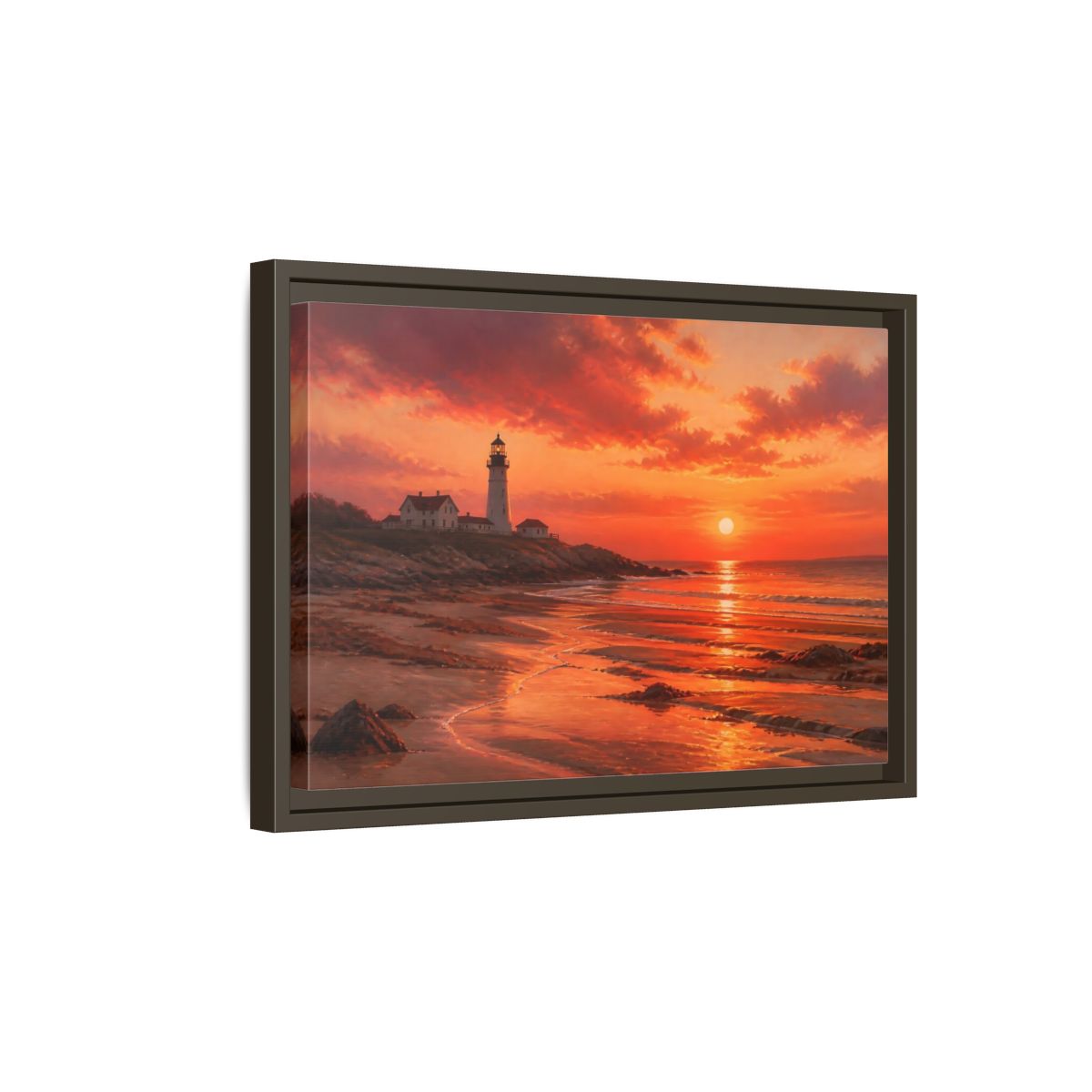 Side Mockup 5. Nature Lighthouse Sunset Lighthouse Sunset Orange shown as stretched canvas wall art