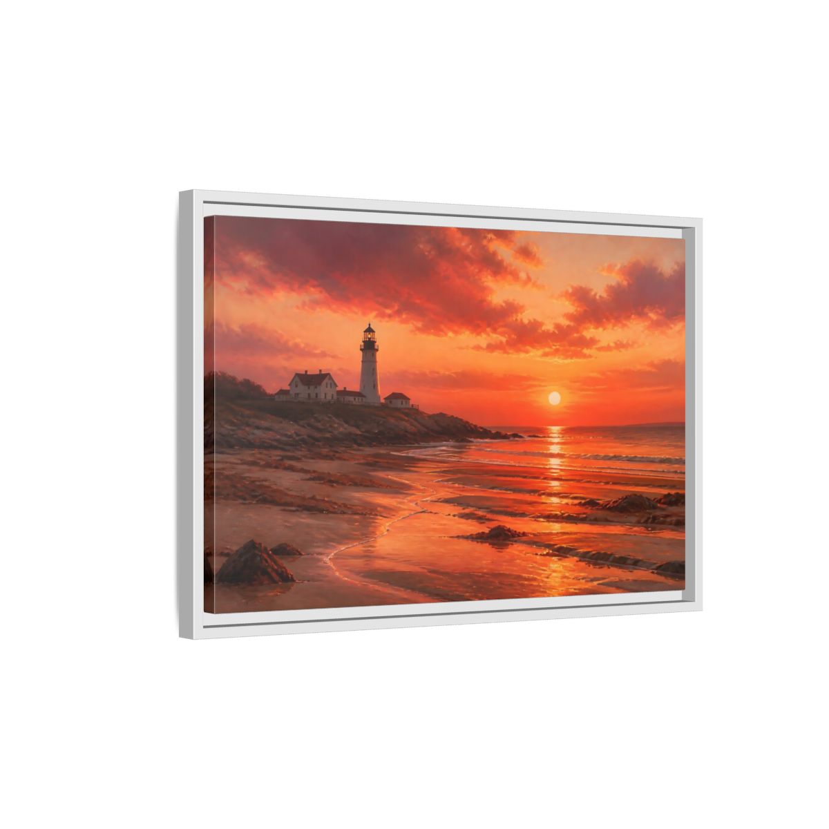 Side Mockup 1. Nature Lighthouse Sunset Lighthouse Sunset Orange shown as stretched canvas wall art