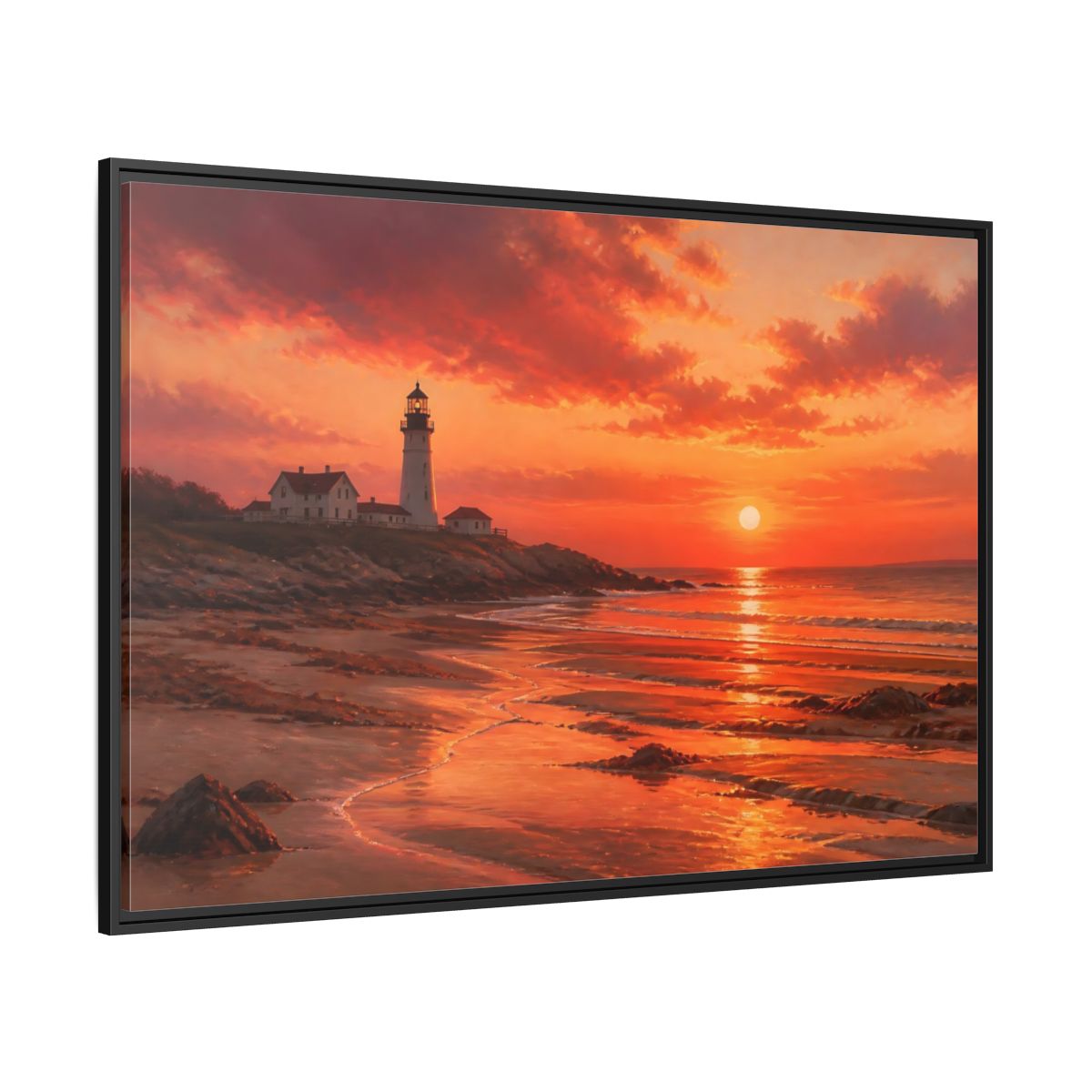 Side Mockup 12. Nature Lighthouse Sunset Lighthouse Sunset Orange shown as stretched canvas wall art