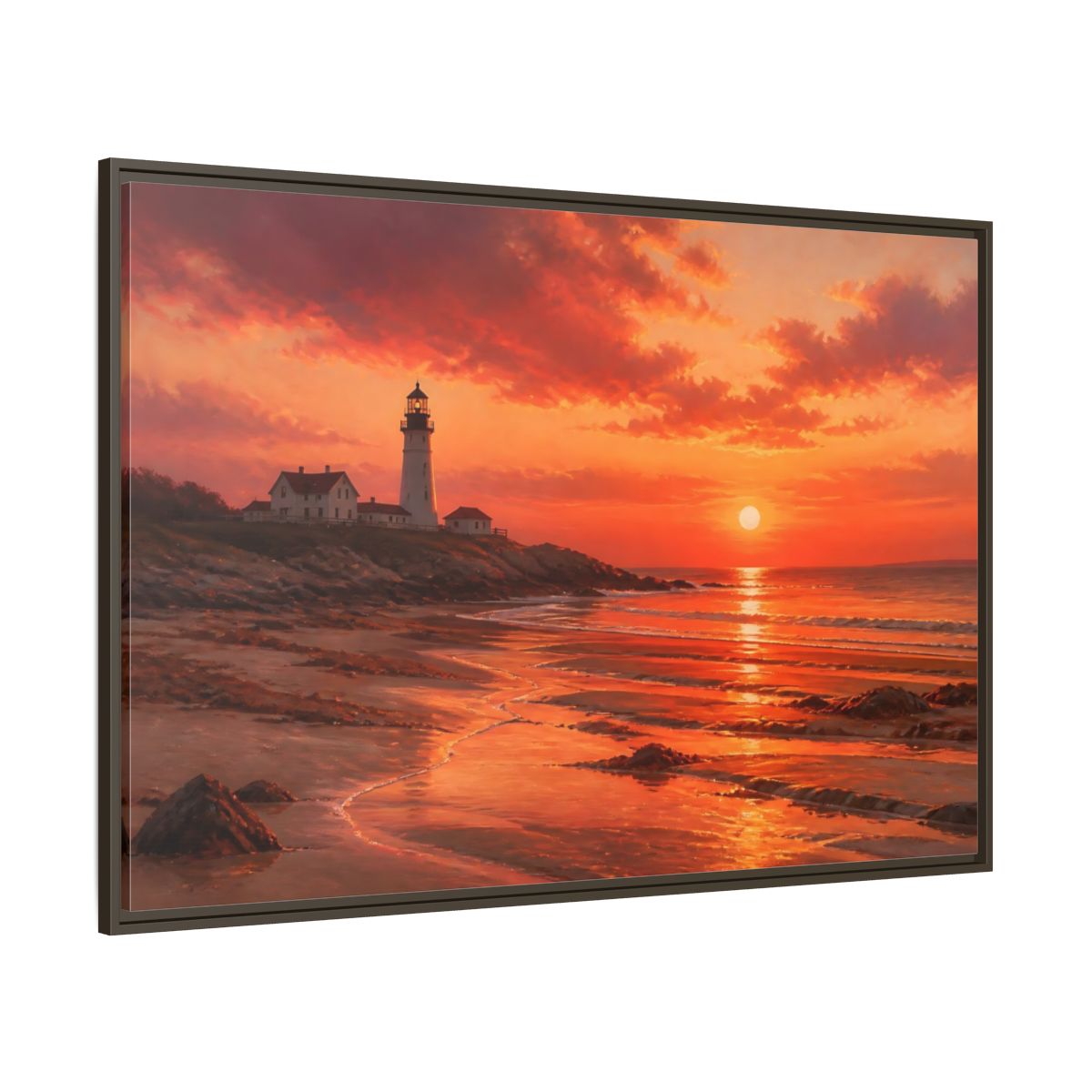 Side Mockup 8. Nature Lighthouse Sunset Lighthouse Sunset Orange shown as stretched canvas wall art