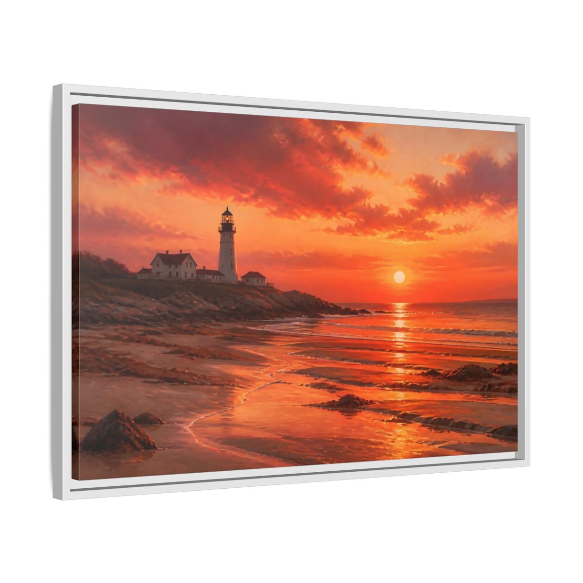 Side Mockup 10. Nature Lighthouse Sunset Lighthouse Sunset Orange shown as stretched canvas wall art