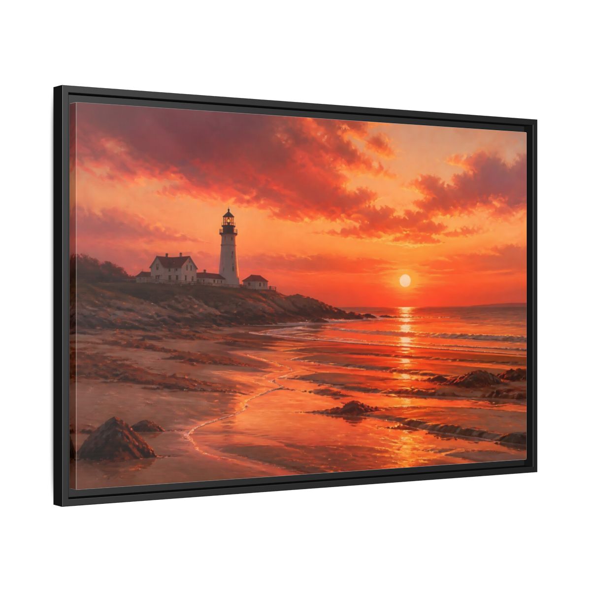 Side Mockup 13. Nature Lighthouse Sunset Lighthouse Sunset Orange shown as stretched canvas wall art