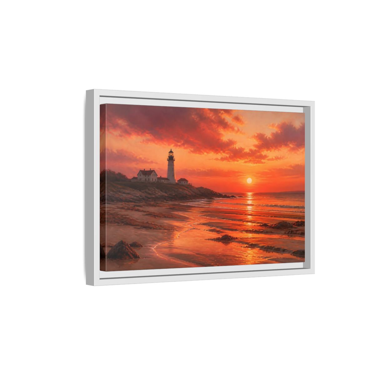 Side Mockup 4. Nature Lighthouse Sunset Lighthouse Sunset Orange shown as stretched canvas wall art